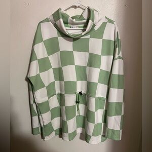 LULAROE Teresa Cinched Waist Cowl Tunnel Neck Blouse Checkered Green White Sz XL